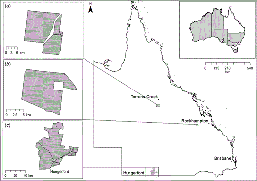 Map showing the location of the three study sites used in the current study within Queensland. Insets on left show (a) Moorrinya National Park, (b) Taunton National Park (Scientific) and (c) Currawinya National Park. Inset at top right shows location of Queensland within Australia. Refer to the image caption for details.